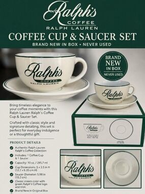 Ralph Lauren Ralph’s Coffee Cup & Saucer Set 10 oz Green White NIB Porcelain